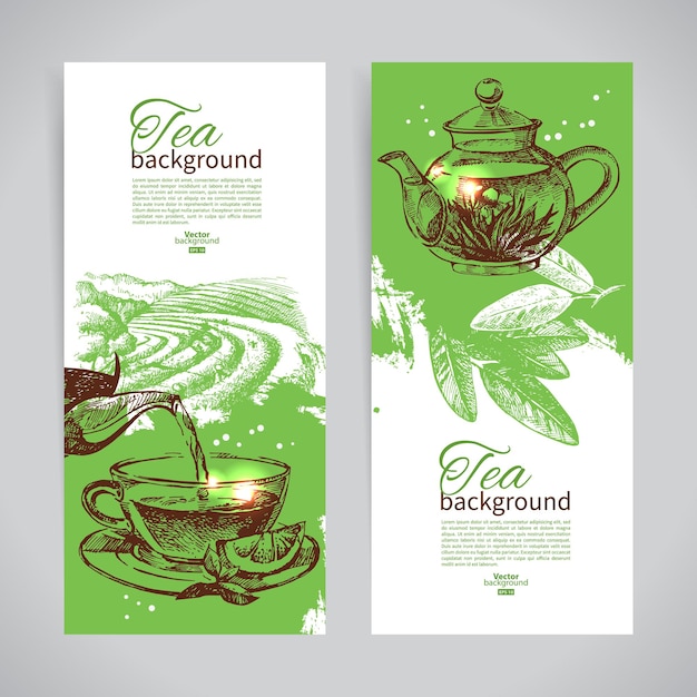 Vector set of tea vintage banners. hand drawn sketch illustrations. menu design backgrounds