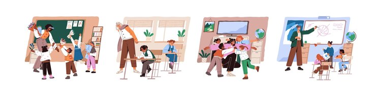 Vector set of teacher with kids in classroom elementary students study learning during lessons in class young women teaching happy pupils school education flat vector illustrations isolated on white
