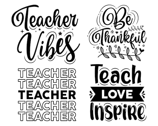 Vector set of teachers day typography quotes lettering with flowers ornament