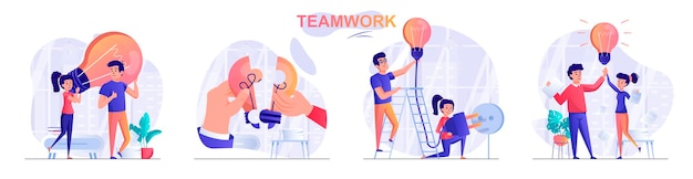 Vector set teamwork flat design concept illustration of people characters