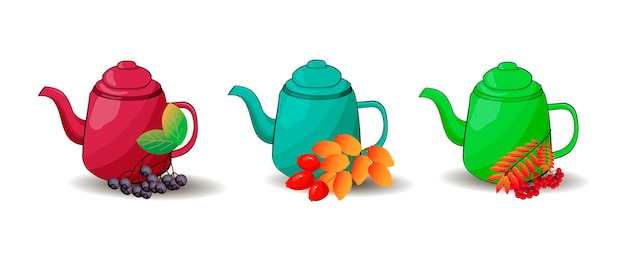 Set of teapots with berries