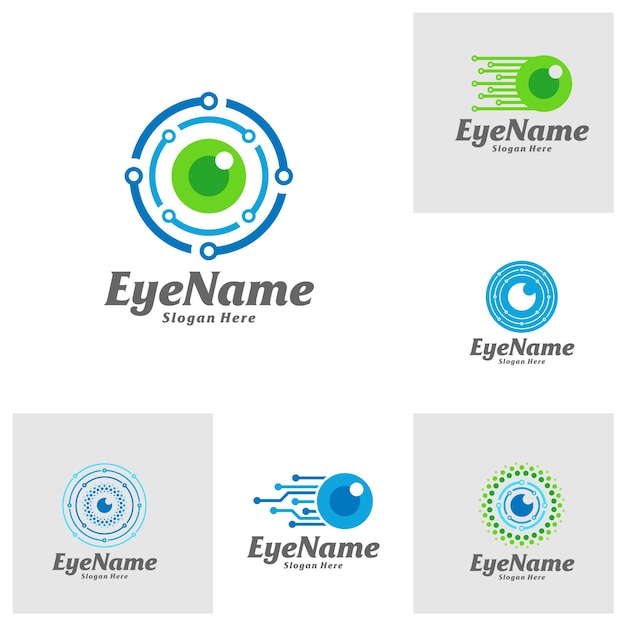 Tech Eye ロゴ デザイン テンプレートのセット Eye Tech ロゴ コンセプト ベクトル クリエイティブ アイコン シンボル