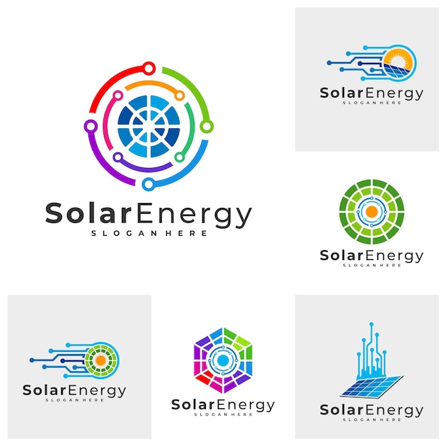 Tech Solar 로고 벡터 템플릿 크리에이 티브 태양 전지 패널 에너지 로고 디자인 개념의 집합