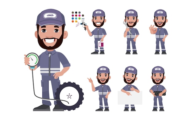 Vector set of technician with different poses