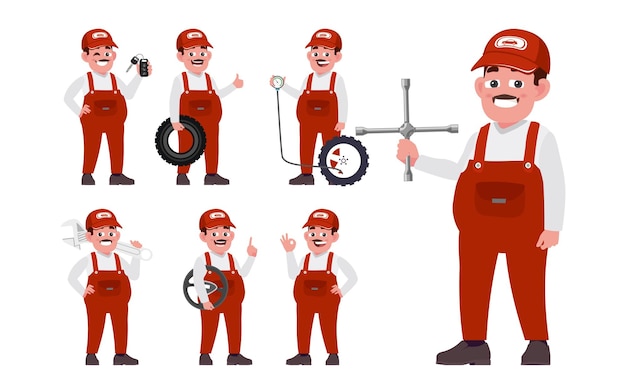 Vector set of technician with different poses