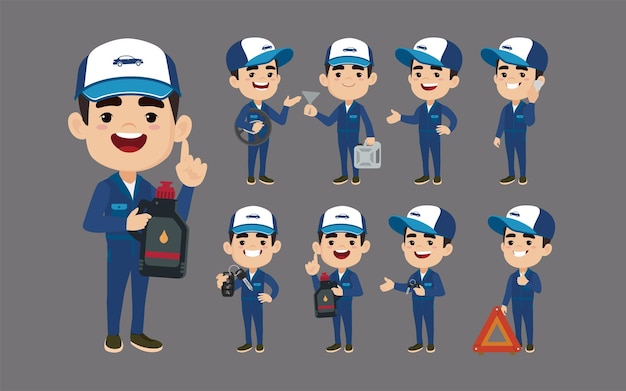 Set of technician with different poses