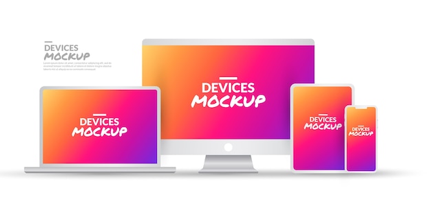 Set di mockup di dispositivi tecnologici con schermo vuoto su bianco