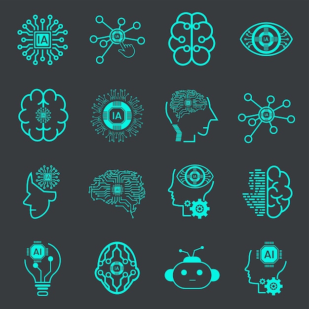 set of technology icon set such as robot digital vr ai cyber and artificial Intelligence Vector