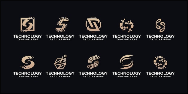 기술 문자 S 도트 로고 디자인의 집합입니다. 기호 기술, 인터넷, 시스템, 인공 지능 및 컴퓨터의 이니셜 S. 영감 로고 디자인 현대.