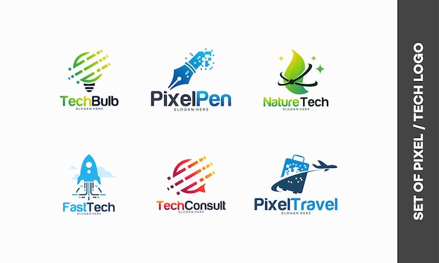 Vector set of technology logo, tech bulb, pixel pen logo, nature tech, fast tech, tech consult, pixel suitcase travel logo designs vector