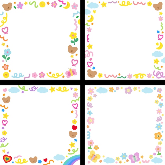 Set of teddy bear and cute pastel element frames banner social media post wallpaper ad template