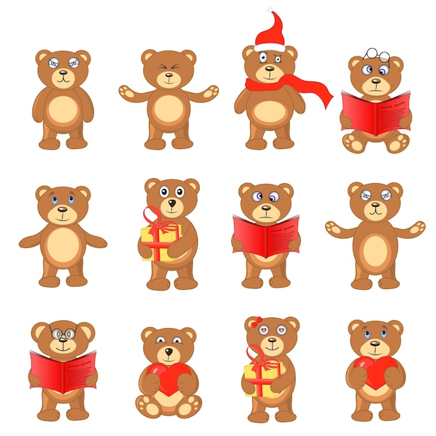 Vector set of teddy bears in different poses.