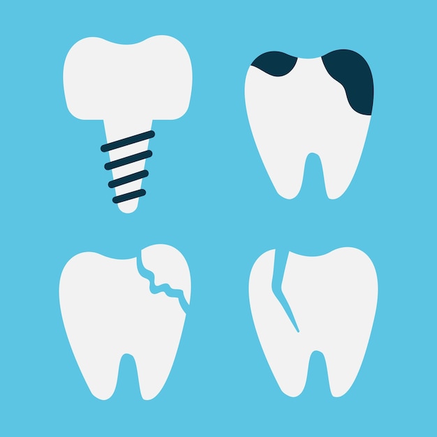 Набор зубов на синем фоне Концепция стоматологического здоровья Стоматологические иконы Векторный плоский стиль