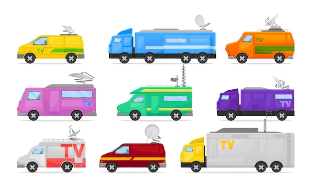 Set of television vans and minibuses