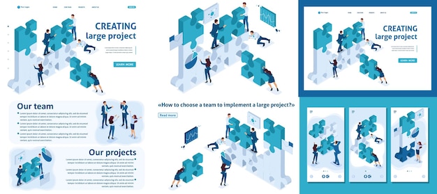 Impostare l'articolo del modello progettazione dell'app della pagina di destinazione squadra isometrica di giovani imprenditori che lavora alla creazione del progetto01