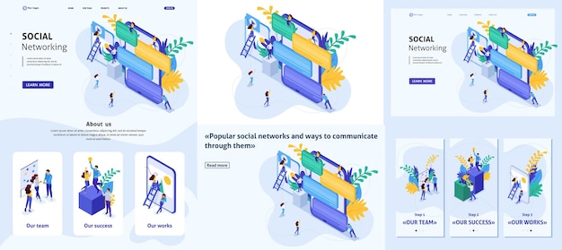 Vector set template design article, landing page, app design, isometric concept communication of young people in social networks, sending messages and photos.