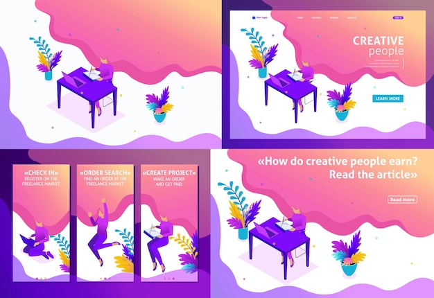 Set template design article, landing page, app design, isometric concept girl designer freelancer works remotely. easy to edit and customize.