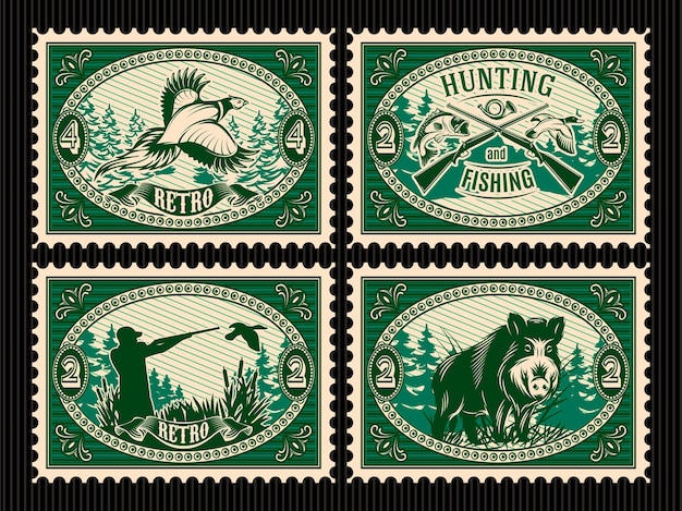 Set template of stamps with elements for hunting forest animals