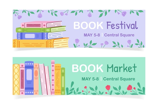 Set of templates for advertising book event Horizontal background with flowers and books