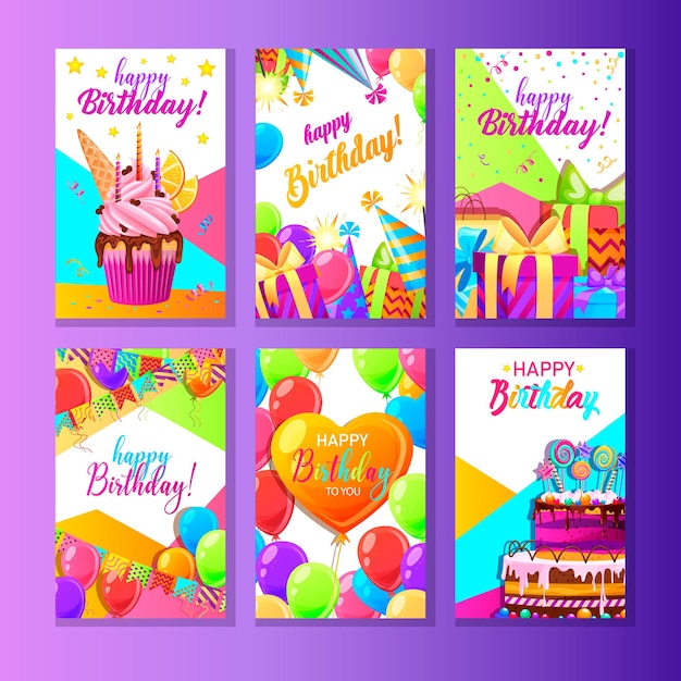 Set of templates for birthday greeting happy birthday card invitation to holiday or celebration party Colorful gift boxes cake balloons colored ribbons and confetti Vector illustration