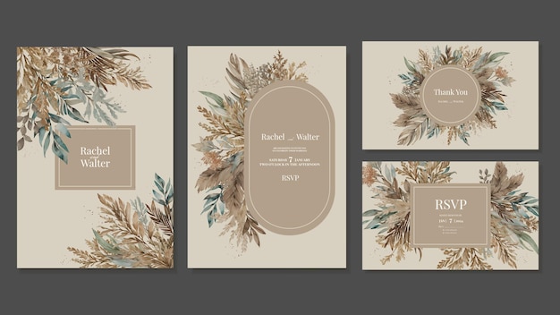 Vector set of templates for boho style wedding invitations cards with pampas grass dried flowers