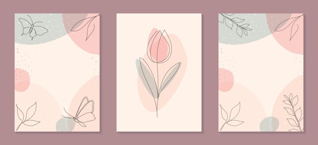 Set of templates card or poster with botanical one line art on pastel color background