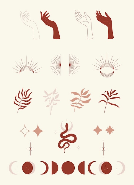 Набор шаблонов для логотипов в минималистичном линейном стиле. Мистический набор из солнечных листьев, кристаллов, рук и луны.