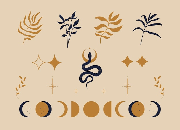 A set of templates for logos in a minimal linear style mystical set of sun leaves crystals hands and moon