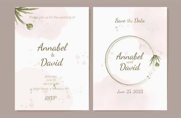 Set of templates in soft beige and pink tones watercolor wedding invitation cards