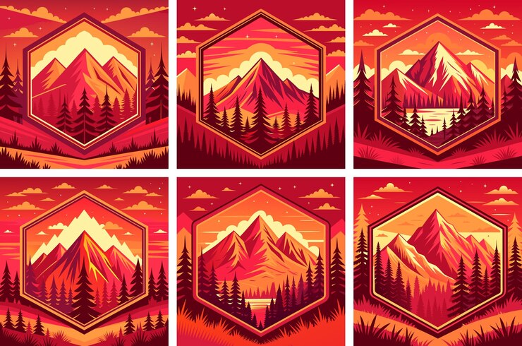 Vector set of templates with mountains forest and tent in red shades