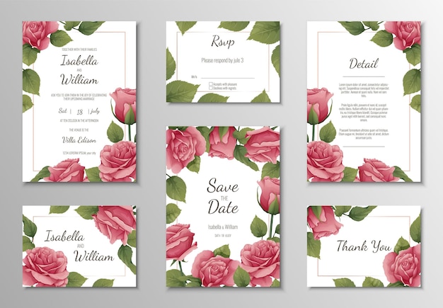 Set of templates with pink roses for wedding invitation Wedding ceremony engagement Banner postcard menu for the holiday