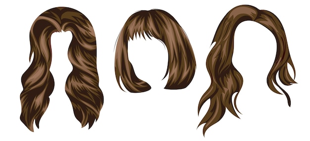 set of templates of womens hair of different lengths in light brown tones for characters
