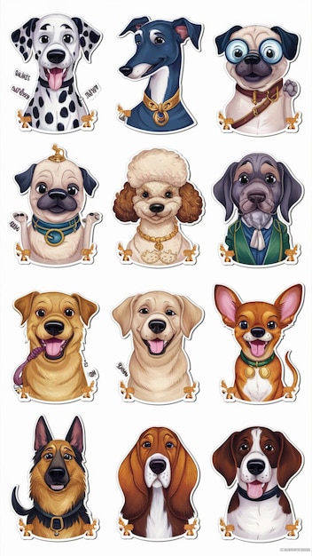 Vettore un set di dieci adesivi per cani dei cartoni animati disneystyle