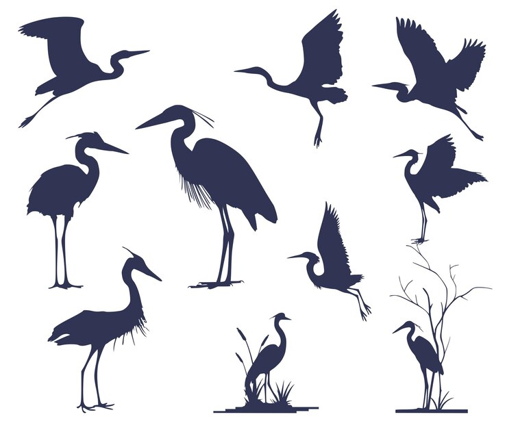 Set of ten heron silhouettes