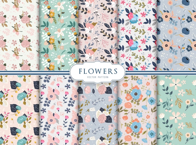 Vector set of ten seamless floral  patterns