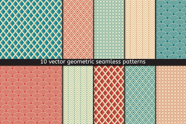 Set of ten seamless patterns in blue and red colors, abstract background