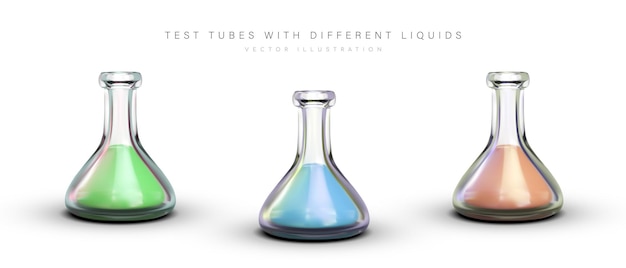 Set of test tubes with liquid Triangular flasks with flat bottom