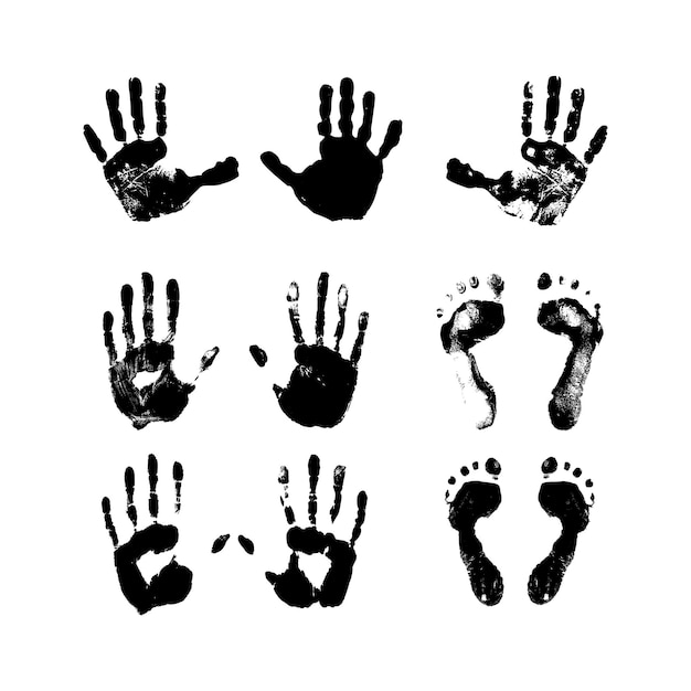 Set of textured and grunge handprints and footprints