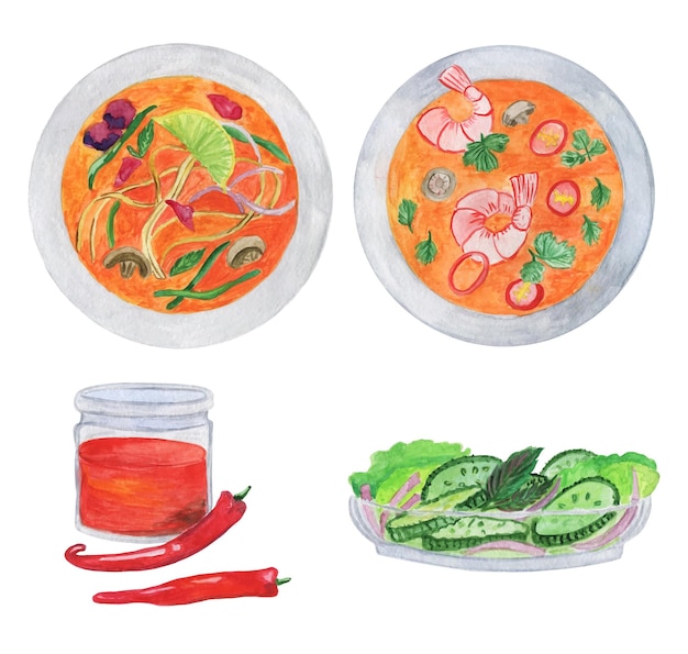 Vector set of thai dishes soup curry tom yum sriracha sauce cucumber salad asian traditional cuisine