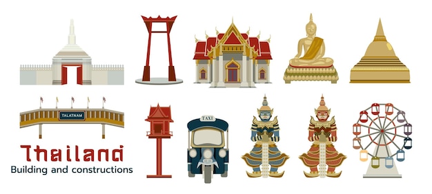 Vector set of thailnd building and constructions element flat vector illustration with earth tone color