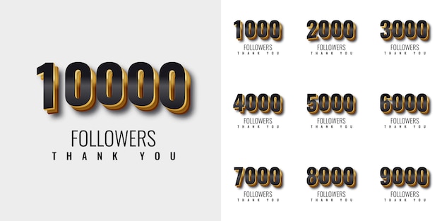 Vector set thank you 1000 followers to 10000 followers gold number template design