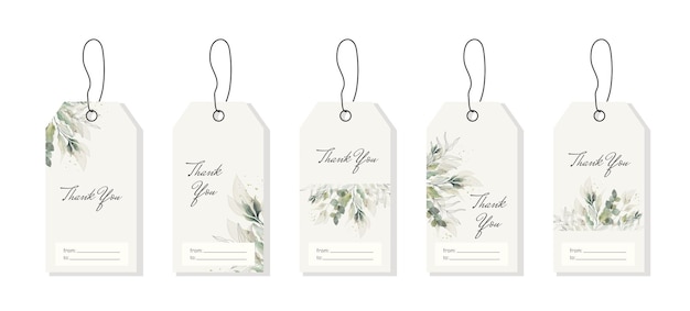 緑の水彩画の葉の枝とギフト結婚式の招待状パッケージのありがとうタグのセット