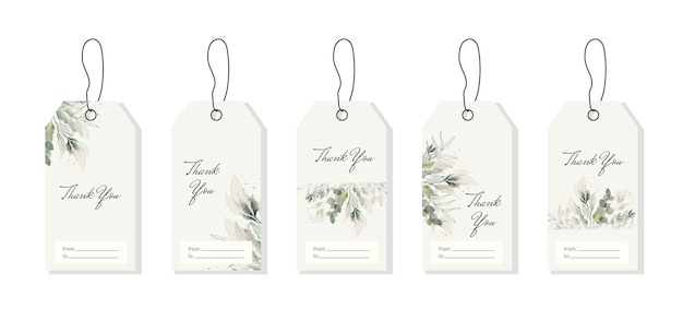 Vector set of thank you tags for gift wedding invitation packaging with green watercolor leaves branches