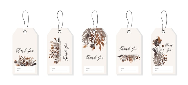 Set di etichette di ringraziamento con rami autunnali dell'acquerello lascia erba secca e fiori per i regali