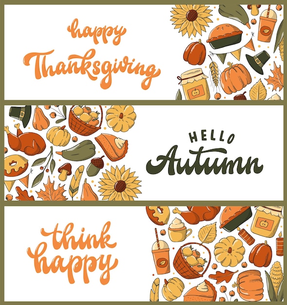 Set of Thanksgiving and autumn banners, cards, templates