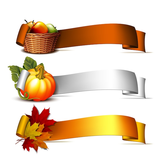 Set of Thanksgiving banners, ribbon with Orange pumpkins, Autumnal leaves and basket full ripe apples. Poster or brochure for Thanksgiving party.  illustration.