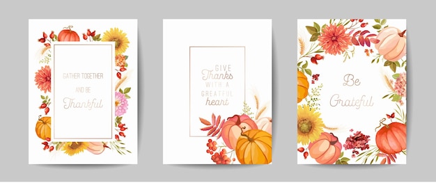 Set di auguri per il giorno del ringraziamento, biglietto d'invito, volantino, banner, modello di poster. zucca autunnale, fiori, foglie, elementi di design floreale. illustrazione vettoriale