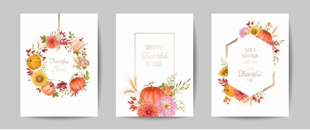 추수 감사절 인사말, 초대 카드, 전단지, 배너, 포스터 템플릿 집합입니다. 가을 호박, 꽃, 잎, 꽃무늬 디자인 요소. 벡터 일러스트 레이 션