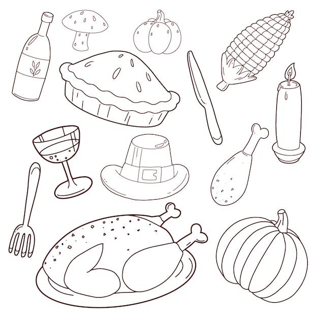 Vettore set di cena di ringraziamento disegnato a mano elementi doodle arrosto turchia zucca mais pellegrino cappello forchetta e cucchiaio vino illustrazione vettoriale