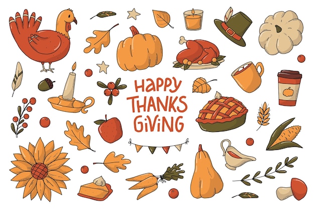 Vector set of thanksgiving doodles clip art cartoon elements for stickers prints cards signs